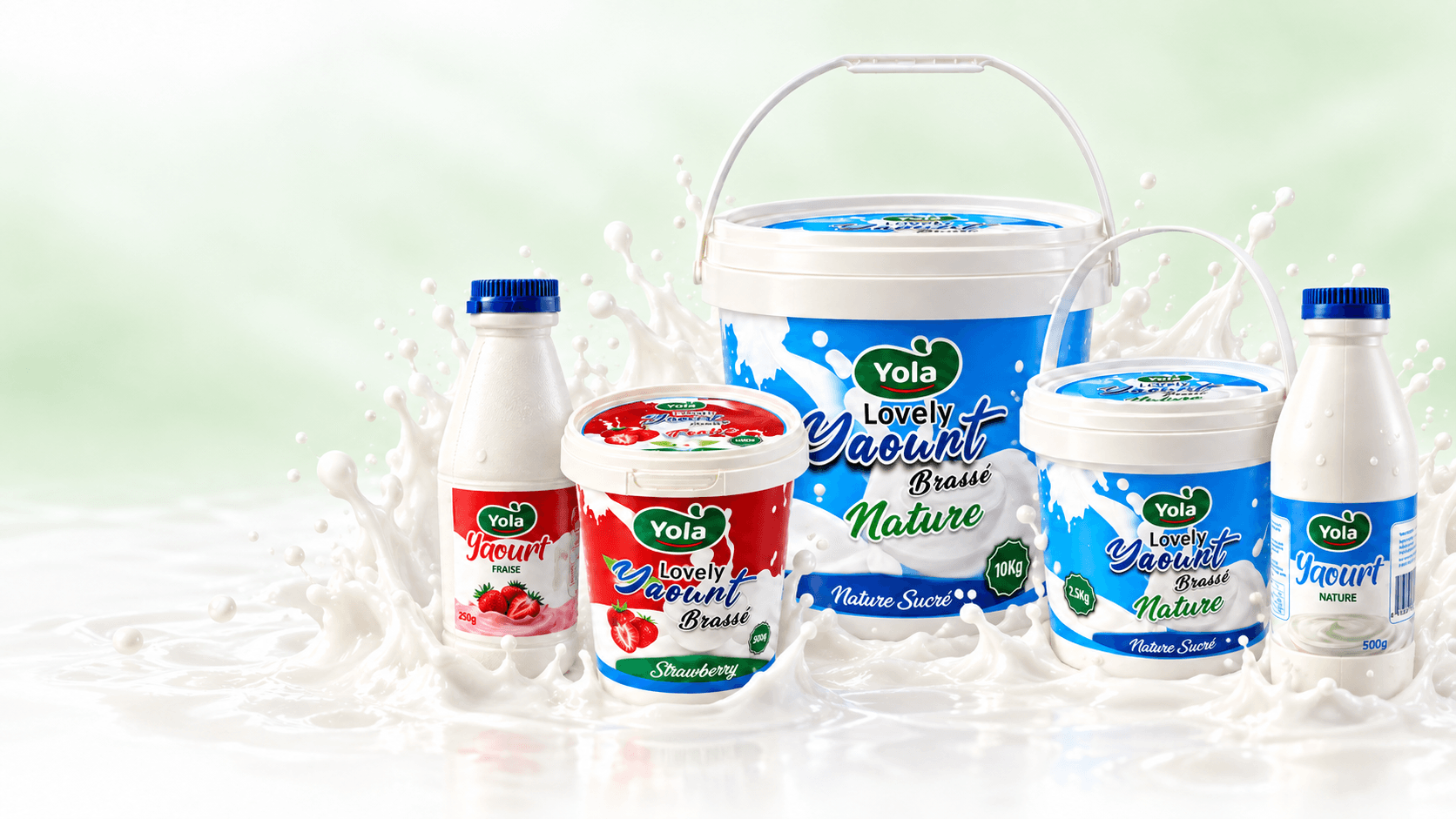 Yola yogurt bottles and stirred yogurt buckets surrounded by splashing milk